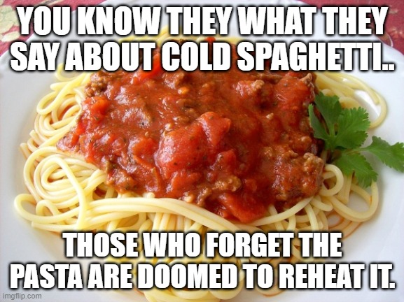 Cold Spaghetti | YOU KNOW THEY WHAT THEY SAY ABOUT COLD SPAGHETTI.. THOSE WHO FORGET THE PASTA ARE DOOMED TO REHEAT IT. | image tagged in spaghetti | made w/ Imgflip meme maker