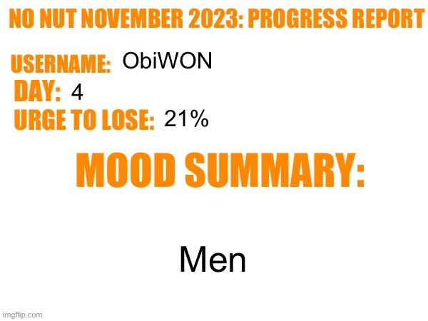 No Nut November 2023 Progress Report | ObiWON; 4; 21%; Men | image tagged in no nut november 2023 progress report | made w/ Imgflip meme maker