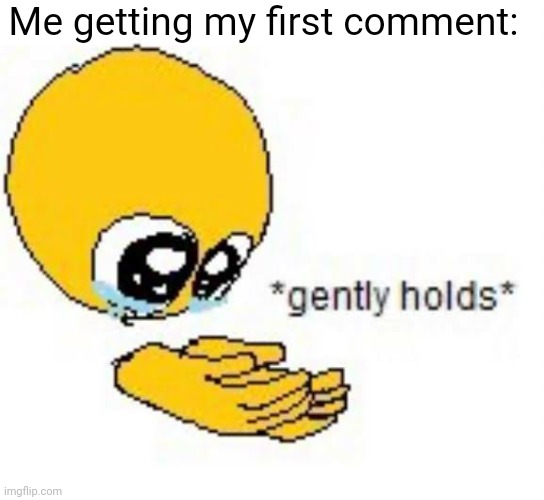 Happened about a year ago when I made a low effort spongebob meme | Me getting my first comment: | image tagged in gently holds emoji,valuable,idk | made w/ Imgflip meme maker