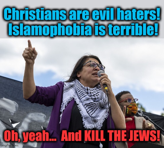 Libs | Christians are evil haters!  Islamophobia is terrible! Oh, yeah...  And KILL THE JEWS! | image tagged in memes,rashida tlaib,jews,antisemitism,democrats,hypocrisy | made w/ Imgflip meme maker