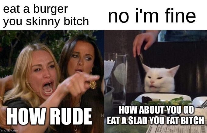 Woman Yelling At Cat Meme | eat a burger you skinny bitch; no i'm fine; HOW ABOUT YOU GO EAT A SLAD YOU FAT BITCH; HOW RUDE | image tagged in memes,woman yelling at cat | made w/ Imgflip meme maker