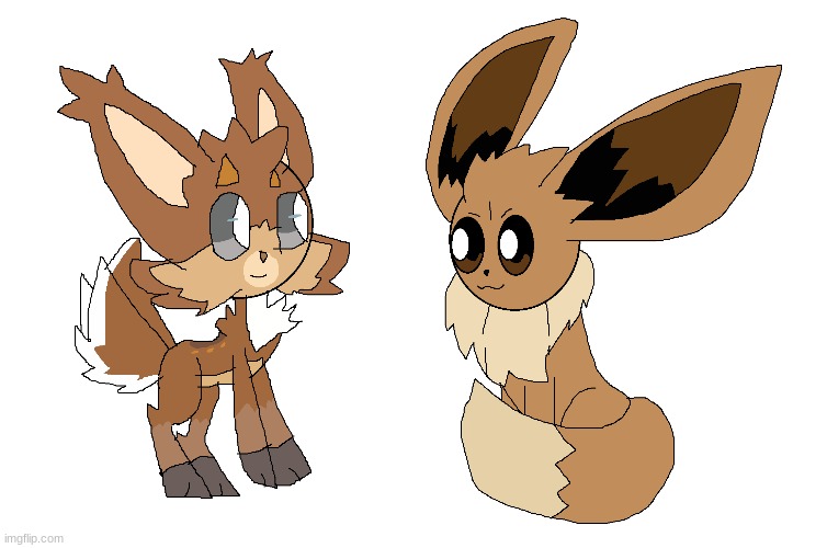 vari and eevee meeting each other for the first time (also idk the artist) | image tagged in vari,eevee,loomain legacy,pokemon,eeveelutions,oh wow are you actually reading these tags | made w/ Imgflip meme maker