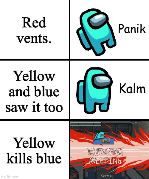 Panik Kalm Panik Among Us Version | Red vents. Yellow and blue saw it too; Yellow kills blue | image tagged in panik kalm panik among us version | made w/ Imgflip meme maker