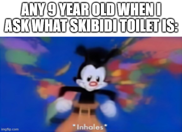 they be addicted to this type of content | ANY 9 YEAR OLD WHEN I ASK WHAT SKIBIDI TOILET IS: | image tagged in yakko inhale,skibidi toilet,dies from cringe,cringe | made w/ Imgflip meme maker