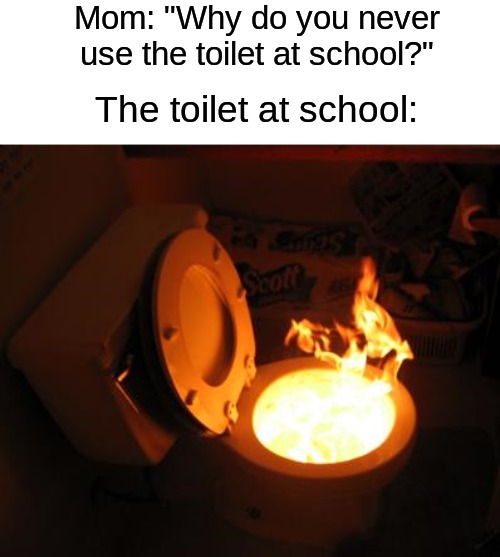 It's unusable | Mom: "Why do you never use the toilet at school?"; The toilet at school: | image tagged in memes,funny,relatable memes,true story,school,toilet | made w/ Imgflip meme maker