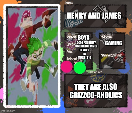 They're holding there mains so no main text | HENRY AND JAMES; GAMING; BOYS; OCTO FOR HENRY INKLING FOR JAMES; HENRY'S 18 JAMES IS 16; THEY ARE ALSO GRIZZCO-AHOLICS | image tagged in splatoon oc template | made w/ Imgflip meme maker