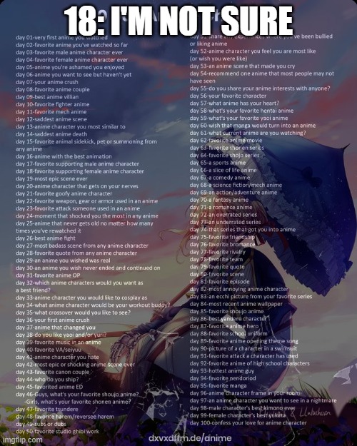 100 day anime challenge | 18: I'M NOT SURE | image tagged in 100 day anime challenge | made w/ Imgflip meme maker