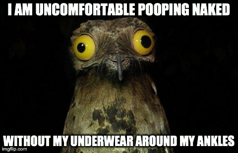 Weird Stuff I Do Potoo Meme | I AM UNCOMFORTABLE POOPING NAKED WITHOUT MY UNDERWEAR AROUND MY ANKLES | image tagged in memes,weird stuff i do potoo,AdviceAnimals | made w/ Imgflip meme maker