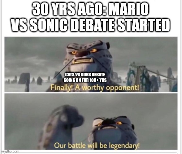 Finally! A worthy opponent! | 30 YRS AGO: MARIO VS SONIC DEBATE STARTED; CATS VS DOGS DEBATE GOING ON FOR 100+ YRS | image tagged in sonic the hedgehog,sonic,mario,cats,dogs,fun | made w/ Imgflip meme maker