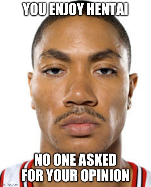 Derrick Rose Straight Face | YOU ENJOY HENTAI NO ONE ASKED FOR YOUR OPINION | image tagged in derrick rose straight face | made w/ Imgflip meme maker