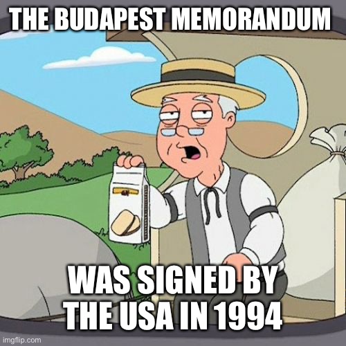 Pepperidge Farm Remembers Meme | THE BUDAPEST MEMORANDUM WAS SIGNED BY THE USA IN 1994 | image tagged in memes,pepperidge farm remembers | made w/ Imgflip meme maker