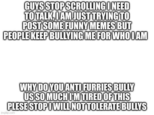 we need to talk | GUYS STOP SCROLLING I NEED TO TALK, I AM JUST TRYING TO POST SOME FUNNY MEMES BUT PEOPLE KEEP BULLYING ME FOR WHO I AM; WHY DO YOU ANTI FURRIES BULLY US SO MUCH I'M TIRED OF THIS PLEASE STOP I WILL NOT TOLERATE BULLIES | image tagged in serious,stop,furry,bullying | made w/ Imgflip meme maker