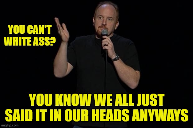 louis ck | YOU CAN'T WRITE ASS? YOU KNOW WE ALL JUST SAID IT IN OUR HEADS ANYWAYS | image tagged in louis ck | made w/ Imgflip meme maker