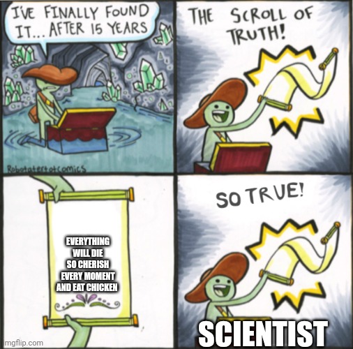 The Real Scroll Of Truth | EVERYTHING WILL DIE SO CHERISH EVERY MOMENT AND EAT CHICKEN; SCIENTIST | image tagged in the real scroll of truth | made w/ Imgflip meme maker