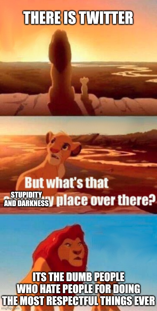 Simba Shadowy Place | THERE IS TWITTER; STUPIDITY AND DARKNESS; ITS THE DUMB PEOPLE WHO HATE PEOPLE FOR DOING THE MOST RESPECTFUL THINGS EVER | image tagged in memes,simba shadowy place,twitter | made w/ Imgflip meme maker