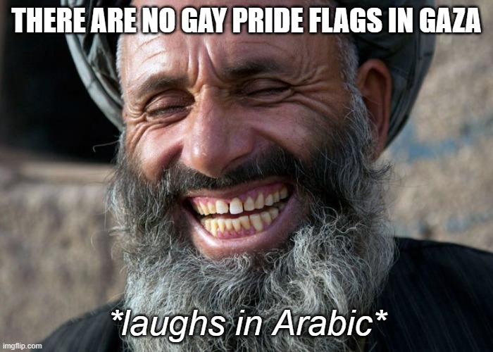 Laughing Terrorist | THERE ARE NO GAY PRIDE FLAGS IN GAZA *laughs in Arabic* | image tagged in laughing terrorist | made w/ Imgflip meme maker