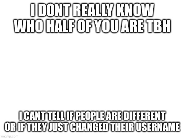 help | I DONT REALLY KNOW WHO HALF OF YOU ARE TBH; I CANT TELL IF PEOPLE ARE DIFFERENT OR IF THEY JUST CHANGED THEIR USERNAME | image tagged in e | made w/ Imgflip meme maker