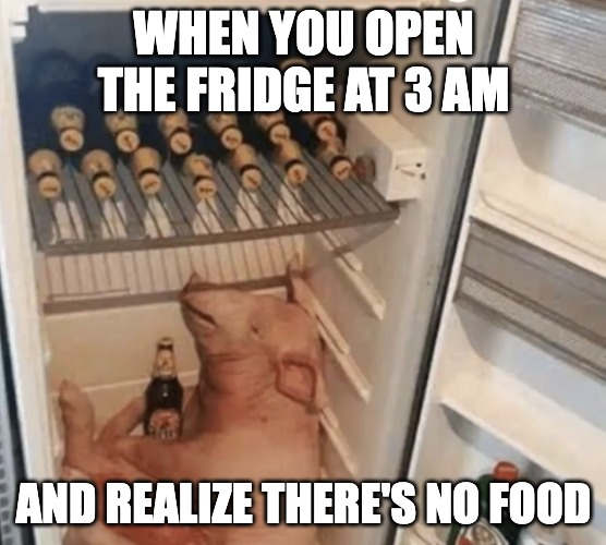 There is no food, only pig. | WHEN YOU OPEN THE FRIDGE AT 3 AM; AND REALIZE THERE'S NO FOOD | image tagged in pig in fridge | made w/ Imgflip meme maker