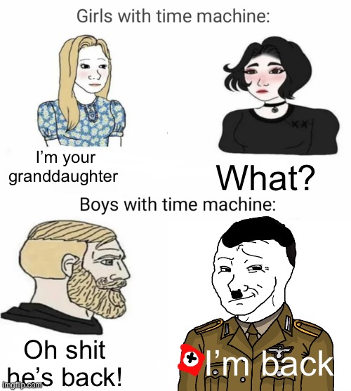 What’s up guys I’m back! | I’m your granddaughter; What? I’m back! Oh shit he’s back! | image tagged in time machine | made w/ Imgflip meme maker