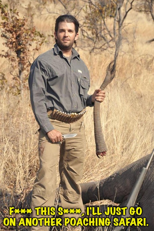 donald trump jr | F*** THIS S***, I'LL JUST GO 

ON ANOTHER POACHING SAFARI. | image tagged in donald trump jr | made w/ Imgflip meme maker