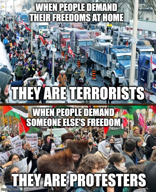 Double standards for white causes. | WHEN PEOPLE DEMAND THEIR FREEDOMS AT HOME; THEY ARE TERRORISTS; WHEN PEOPLE DEMAND SOMEONE ELSE'S FREEDOM; THEY ARE PROTESTERS | image tagged in canada,protest | made w/ Imgflip meme maker