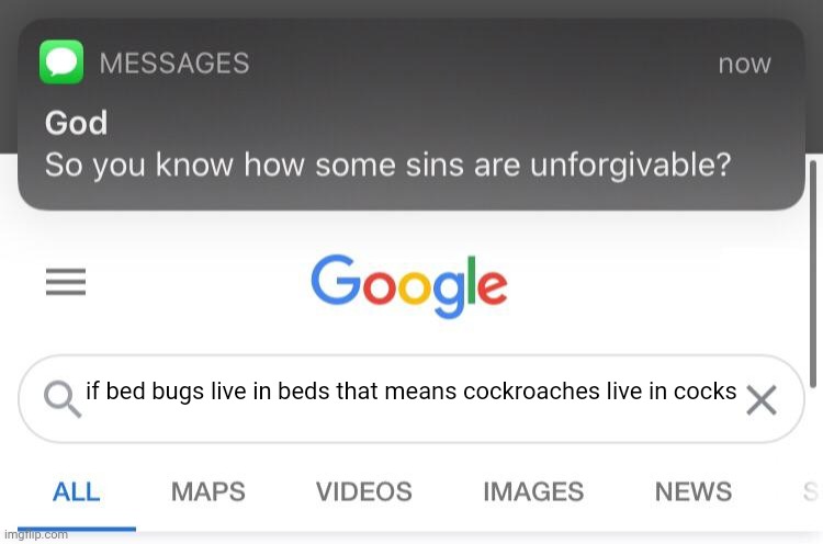 So you know how some sins are unforgivable? | if bed bugs live in beds that means cockroaches live in cocks | image tagged in so you know how some sins are unforgivable | made w/ Imgflip meme maker