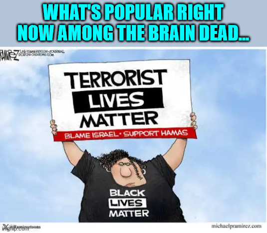 What's in with the walking dead this year... | WHAT'S POPULAR RIGHT NOW AMONG THE BRAIN DEAD... | image tagged in the walking dead,support,palestine,terrorists | made w/ Imgflip meme maker