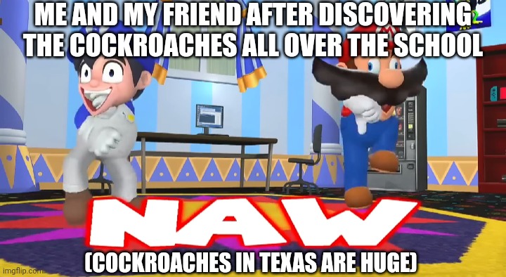 SMG4 hell naw | ME AND MY FRIEND AFTER DISCOVERING THE COCKROACHES ALL OVER THE SCHOOL; (COCKROACHES IN TEXAS ARE HUGE) | image tagged in smg4 hell naw | made w/ Imgflip meme maker