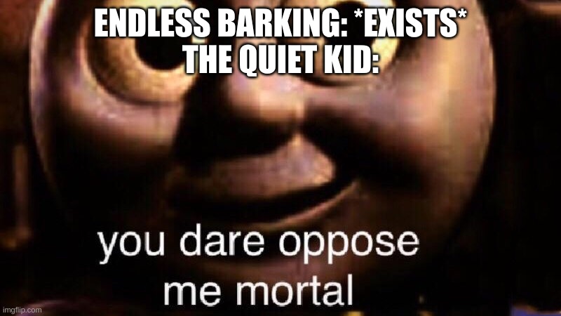 You dare oppose me mortal | ENDLESS BARKING: *EXISTS*
THE QUIET KID: | image tagged in you dare oppose me mortal | made w/ Imgflip meme maker