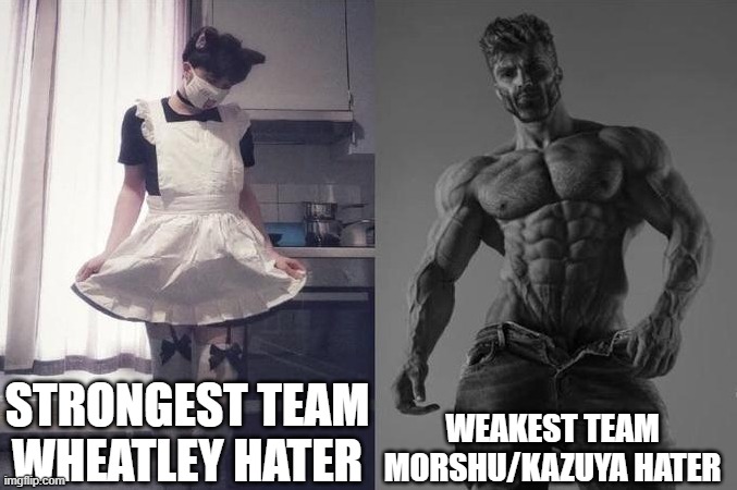 Strongest Fan VS Weakest Fan | STRONGEST TEAM WHEATLEY HATER; WEAKEST TEAM MORSHU/KAZUYA HATER | image tagged in strongest fan vs weakest fan | made w/ Imgflip meme maker