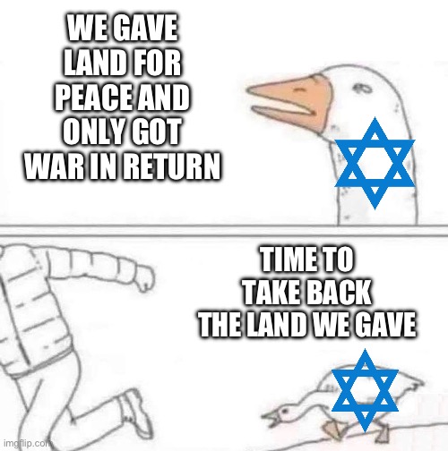 Take it back | WE GAVE LAND FOR PEACE AND ONLY GOT WAR IN RETURN; TIME TO TAKE BACK THE LAND WE GAVE | image tagged in goose chase,israel | made w/ Imgflip meme maker