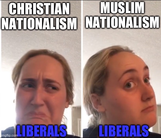 Muslim nationalism | MUSLIM NATIONALISM; CHRISTIAN NATIONALISM; LIBERALS; LIBERALS | image tagged in kombucha girl | made w/ Imgflip meme maker