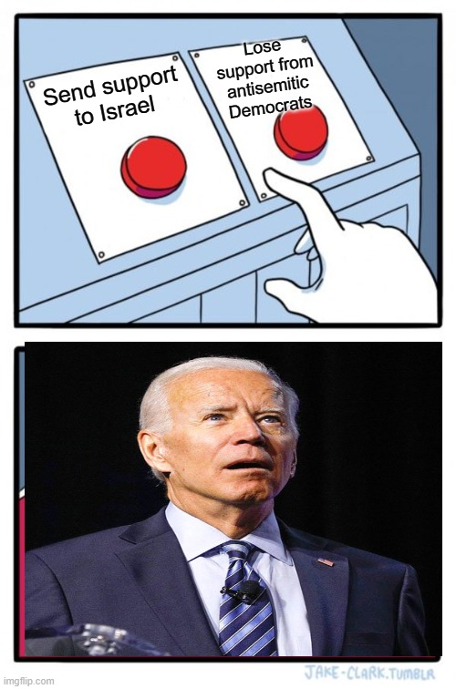 Two Buttons | Lose support from antisemitic Democrats; Send support to Israel | image tagged in memes,two buttons | made w/ Imgflip meme maker
