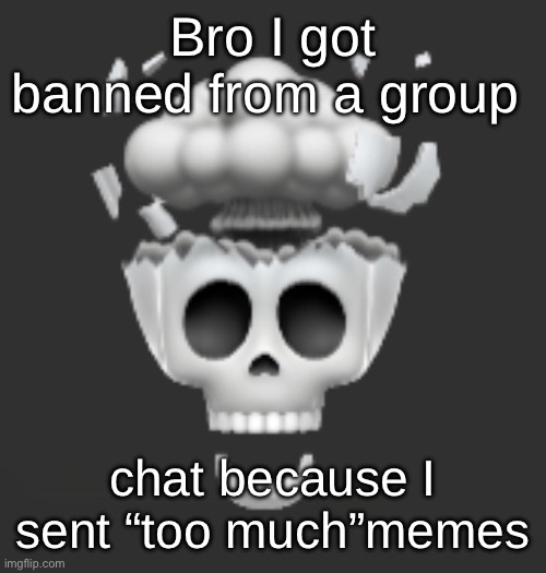 sweetpotat note: sitemods hate her for some reason idk | Bro I got banned from a group; chat because I sent “too much”memes | image tagged in explosive skull | made w/ Imgflip meme maker