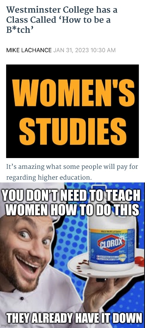 YOU DON’T NEED TO TEACH 
WOMEN HOW TO DO THIS; THEY ALREADY HAVE IT DOWN | image tagged in chef serving clorox | made w/ Imgflip meme maker