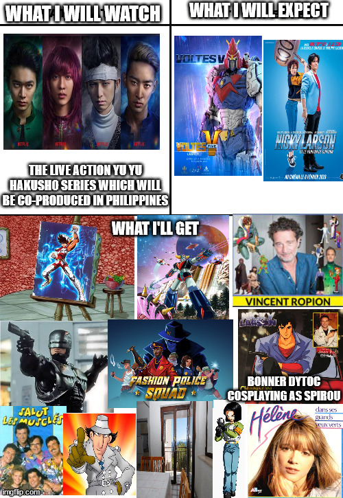What I Watched/ What I Expected/ What I Got | WHAT I WILL EXPECT; WHAT I WILL WATCH; THE LIVE ACTION YU YU HAKUSHO SERIES WHICH WILL BE CO-PRODUCED IN PHILIPPINES; WHAT I'LL GET; BONNER DYTOC COSPLAYING AS SPIROU | image tagged in what i watched/ what i expected/ what i got,robocop,dragon ball z,philippines,live action | made w/ Imgflip meme maker