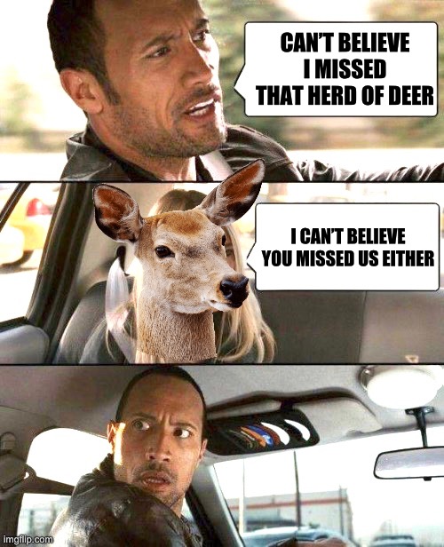 I Herd That | CAN’T BELIEVE I MISSED THAT HERD OF DEER; I CAN’T BELIEVE YOU MISSED US EITHER | image tagged in herd,deer,crossing,missed,surprised | made w/ Imgflip meme maker