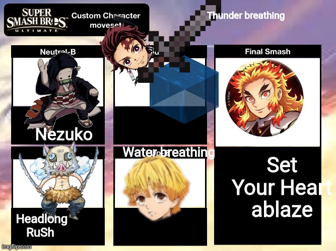 Demon Slayers Moveset | Thunder breathing; Nezuko; Set Your Heart ablaze; Water breathing; Headlong RuSh | image tagged in super smash bros ultimate custom character moveset | made w/ Imgflip meme maker