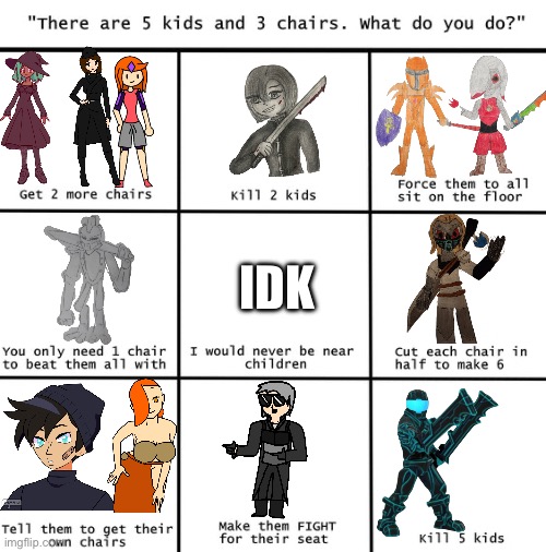 Got inspired by Nugget to do this | IDK | image tagged in there are 5 kids 3 three chairs | made w/ Imgflip meme maker