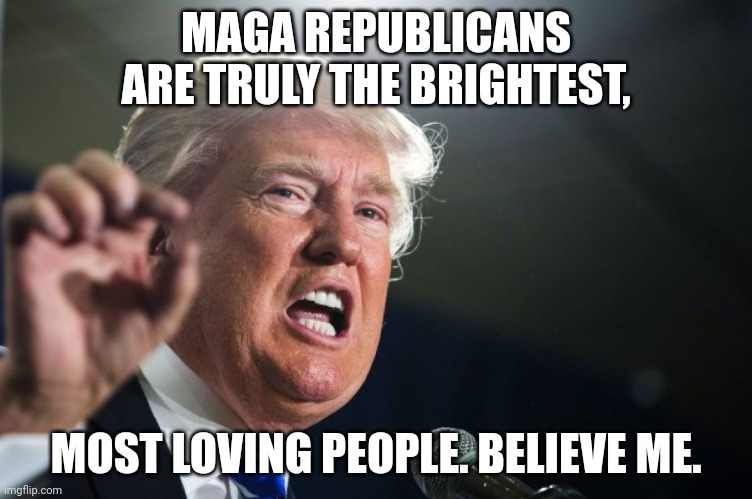 donald trump | MAGA REPUBLICANS ARE TRULY THE BRIGHTEST, MOST LOVING PEOPLE. BELIEVE ME. | image tagged in donald trump | made w/ Imgflip meme maker