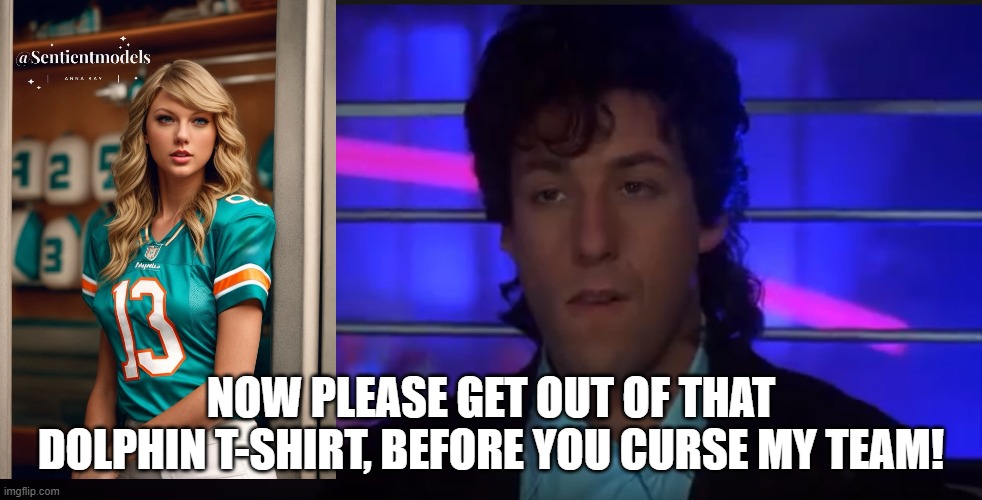 you wentch you jinxed the team and they lost! | NOW PLEASE GET OUT OF THAT DOLPHIN T-SHIRT, BEFORE YOU CURSE MY TEAM! | image tagged in sports,football meme,miami dolphins,taylor swift,adam sandler,witch | made w/ Imgflip meme maker