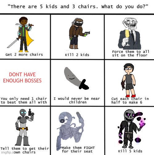 There are 5 kids 3 three chairs | DONT HAVE ENOUGH BOSSES | image tagged in there are 5 kids 3 three chairs | made w/ Imgflip meme maker