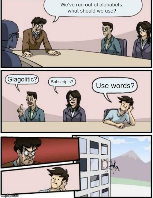 throw out of the window | We've run out of alphabets,
what should we use? Glagolitic? Subscripts? Use words? | image tagged in throw out of the window | made w/ Imgflip meme maker
