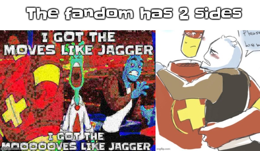 I'm on the shitposting (moves like jagger) side | The fandom has 2 sides | image tagged in i got the moves like jagger | made w/ Imgflip meme maker