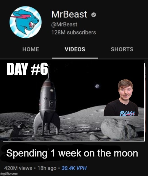 Mrbeast on moon for 1 week | DAY #6; Spending 1 week on the moon | image tagged in mrbeast thumbnail template | made w/ Imgflip meme maker