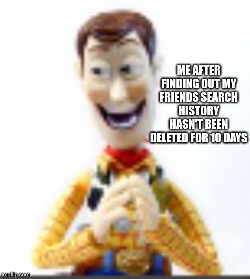 mother or father what will there fate be maybe older brother | ME AFTER FINDING OUT MY FRIENDS SEARCH HISTORY HASN'T BEEN DELETED FOR 10 DAYS | image tagged in woody sins | made w/ Imgflip meme maker