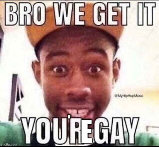 BRO WE GET IT YOU'RE GAY | E; ' | image tagged in bro we get it you're gay | made w/ Imgflip meme maker