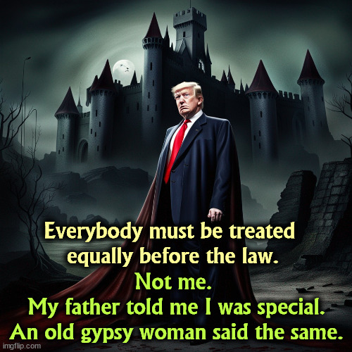 Count Trumpula thinks he is above the law. | Everybody must be treated 
equally before the law. Not me. 
My father told me I was special.
An old gypsy woman said the same. | image tagged in donald trump,vampire,i am above the law | made w/ Imgflip meme maker