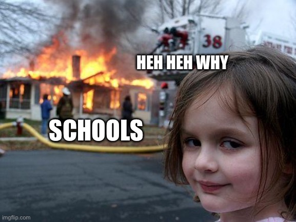 Meme | HEH HEH WHY; SCHOOLS | image tagged in memes,disaster girl | made w/ Imgflip meme maker