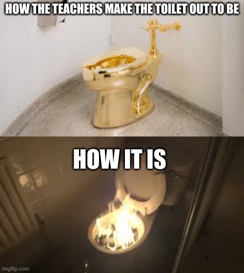 Prove me wrong | HOW THE TEACHERS MAKE THE TOILET OUT TO BE; HOW IT IS | image tagged in toilet,fire,school,teacher | made w/ Imgflip meme maker